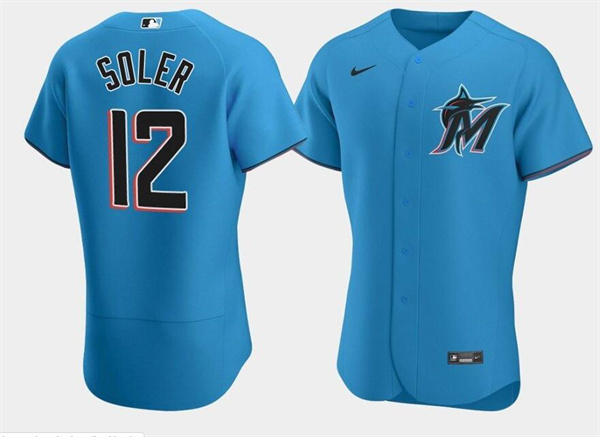 Men's Miami Marlins #12 Jorge Soler Blue Flex Base Stitched Jersey